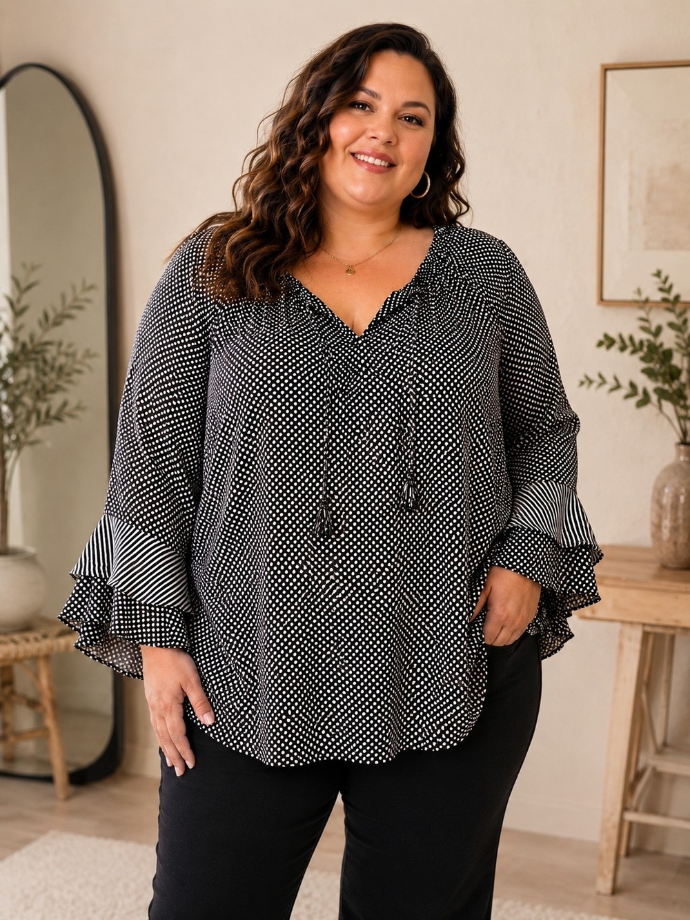 Fred David Black and White Polka Dot Ruffle Sleeve Tunic